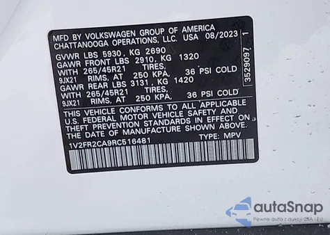 2024 Volkswagen Atlas 2.0T Sel Premium R-Line z USA, uszkodzony, nr VIN 1V2FR2CA9RC516481